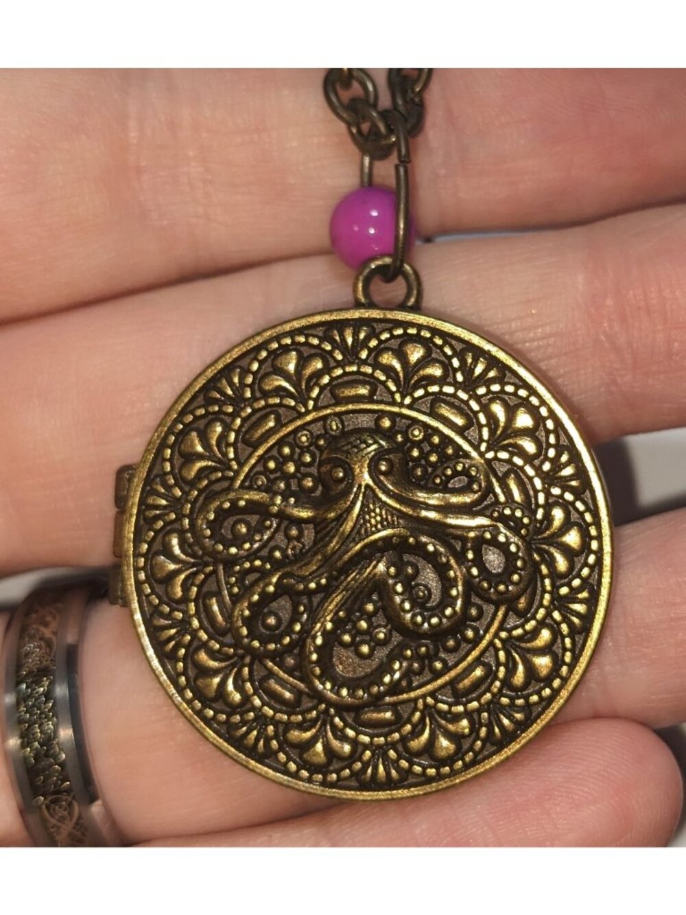Steampunk Octopus Locket Necklace Gold Nautical Embossed Pendant